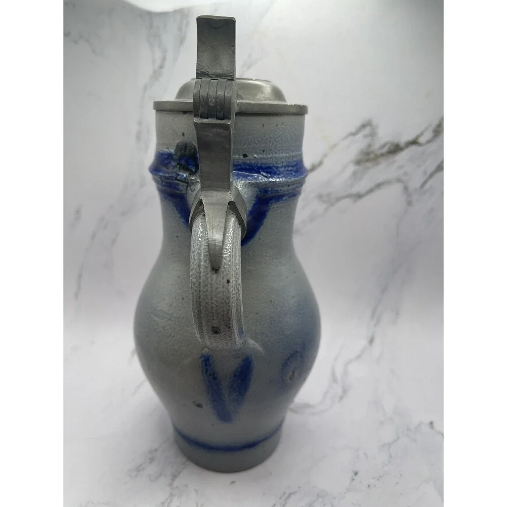Vintage‎ Stoneware Salt Glazed Stein/Tankard Cobalt Blue w/Pewter Lid 8.5